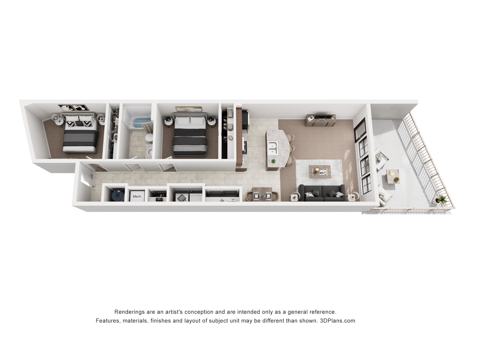 Floor plan for 2 beds, 1 bath, 887 sqft